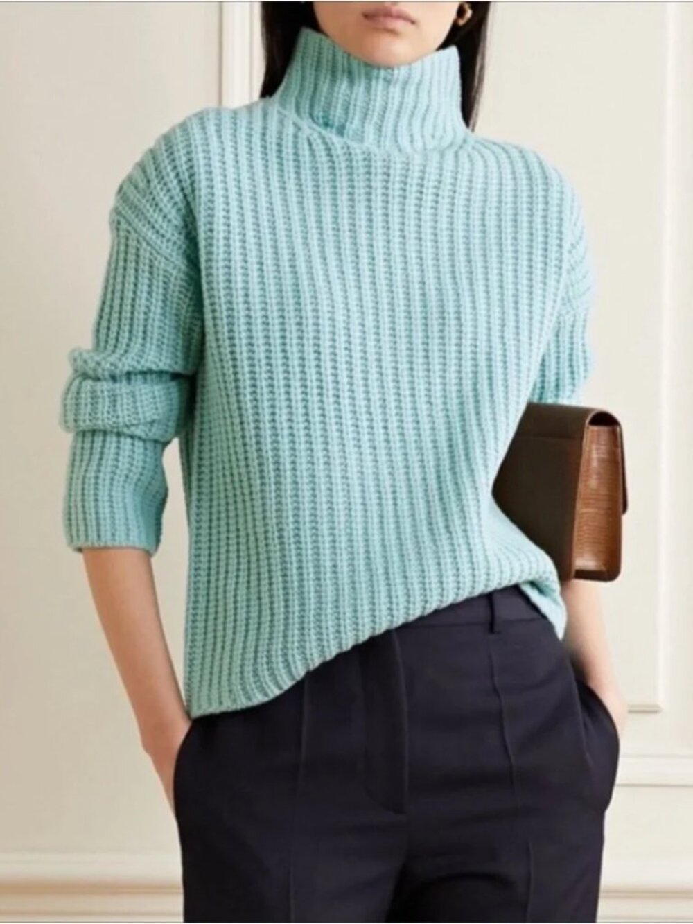 Vince Lofty Ribbed Wool Blended Turtleneck Sweater in Aria Blue